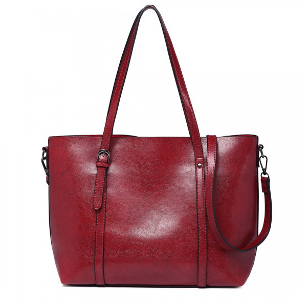 E6709 - Miss Lulu Trendy Womens Tote Bags Wax Leather - Burgundry