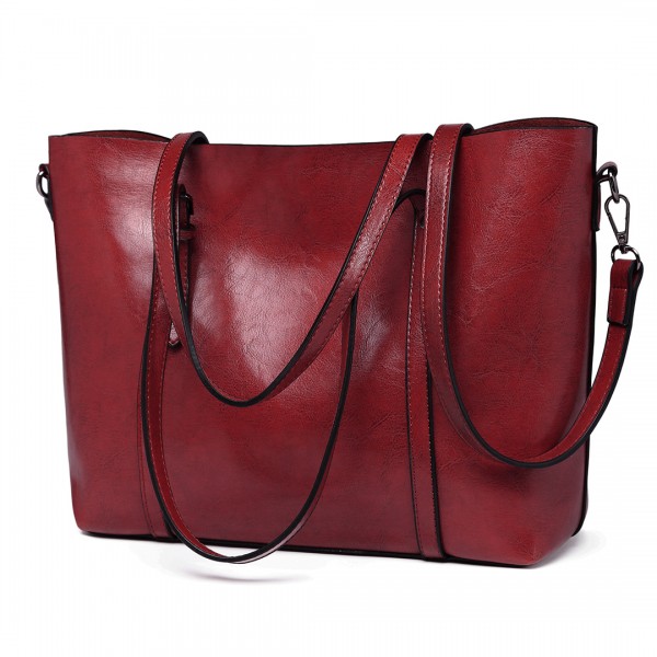 E6709 - Miss Lulu Trendy Womens Tote Bags Wax Leather - Burgundry