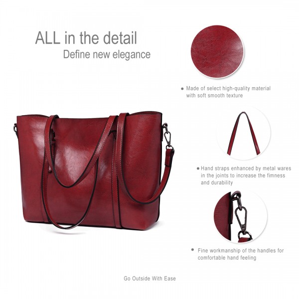 E6709 - Miss Lulu Trendy Womens Tote Bags Wax Leather - Burgundry