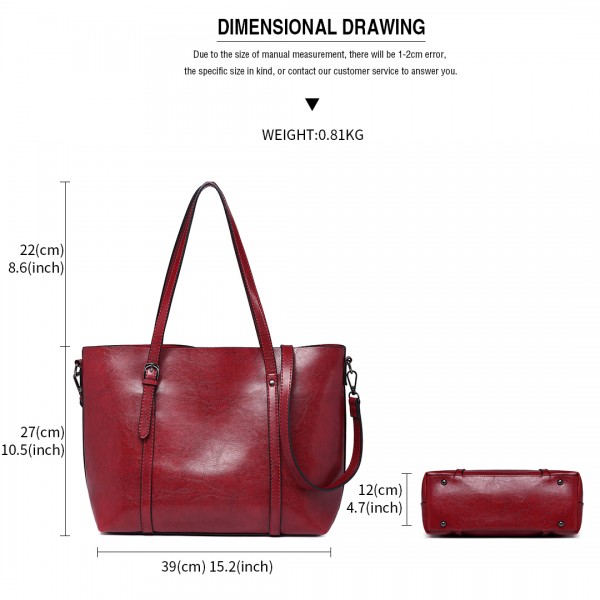 E6709 - Miss Lulu Trendy Womens Tote Bags Wax Leather - Burgundry