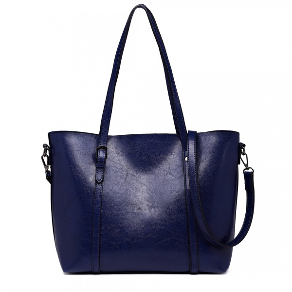 E6709 - Miss Lulu Trendy Womens Tote Bags Wax Leather - Navy