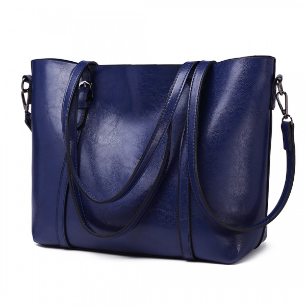 E6709 - Miss Lulu Trendy Womens Tote Bags Wax Leather - Navy