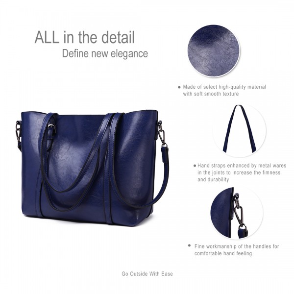 E6709 - Miss Lulu Trendy Womens Tote Bags Wax Leather - Navy