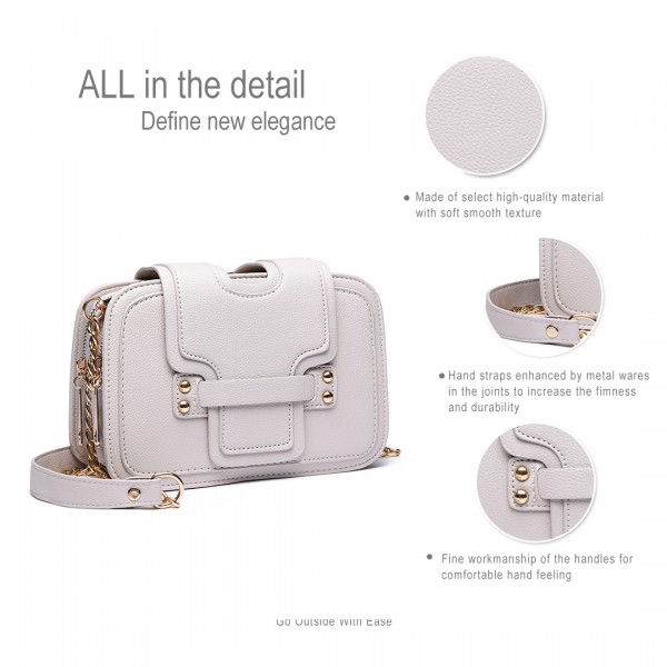 E6711 BG - Leather Look Small Cross Body Chain Strap Satchel Beige E6711 BG - Leather Look Small Cross Body Chain Strap Satchel Beige