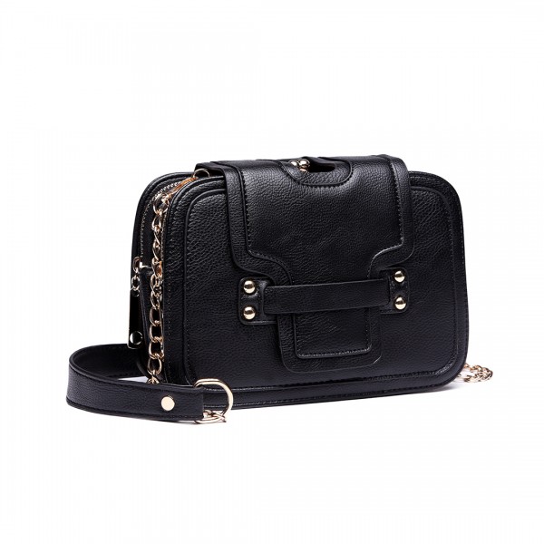 E6711 BK - Leather Look Small Cross Body Chain Strap Satchel Black E6711 BK - Leather Look Small Cross Body Chain Strap Satchel Black
