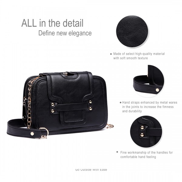 E6711 BK - Leather Look Small Cross Body Chain Strap Satchel Black E6711 BK - Leather Look Small Cross Body Chain Strap Satchel Black