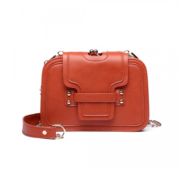 E6711 OE - Leather Look Small Cross Body Chain Strap Satchel Brown E6711 OE - Leather Look Small Cross Body Chain Strap Satchel Brown