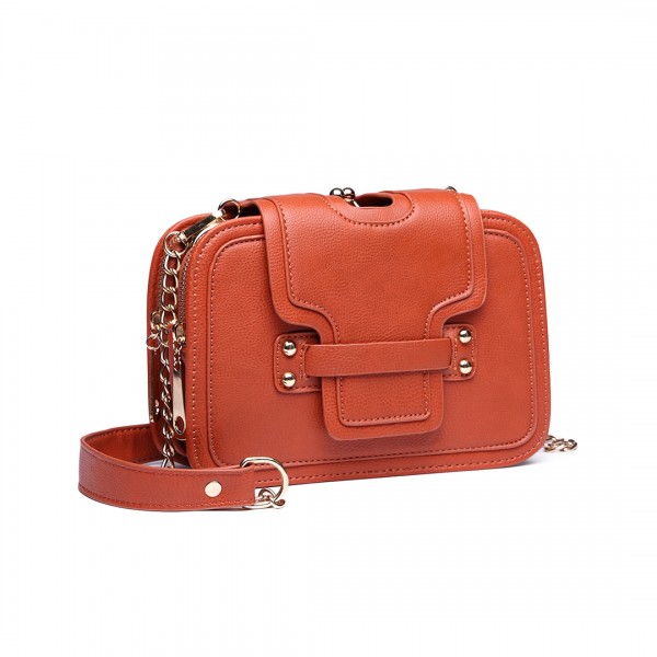 E6711 OE - Leather Look Small Cross Body Chain Strap Satchel Brown E6711 OE - Leather Look Small Cross Body Chain Strap Satchel Brown