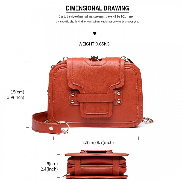 E6711 OE - Leather Look Small Cross Body Chain Strap Satchel Brown E6711 OE - Leather Look Small Cross Body Chain Strap Satchel Brown
