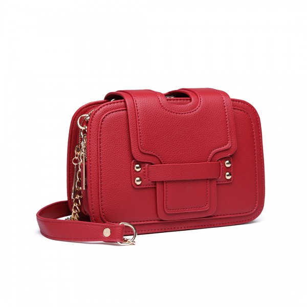 E6711 PM - Leather Look Small Cross Body Chain Strap Satchel Red