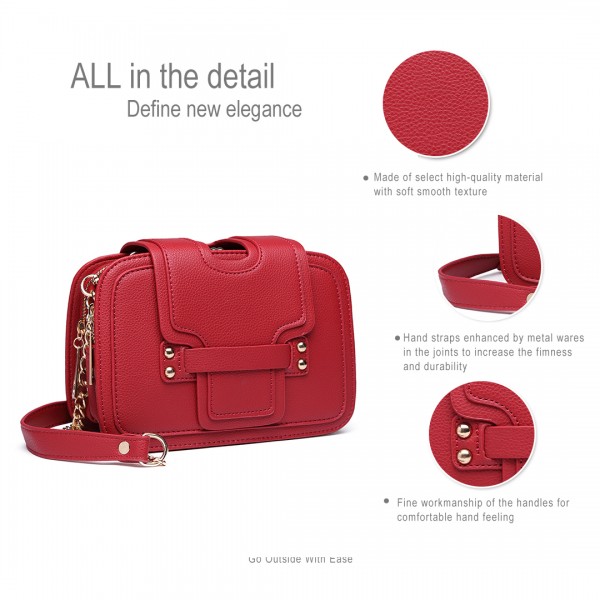 E6711 PM - Leather Look Small Cross Body Chain Strap Satchel Red