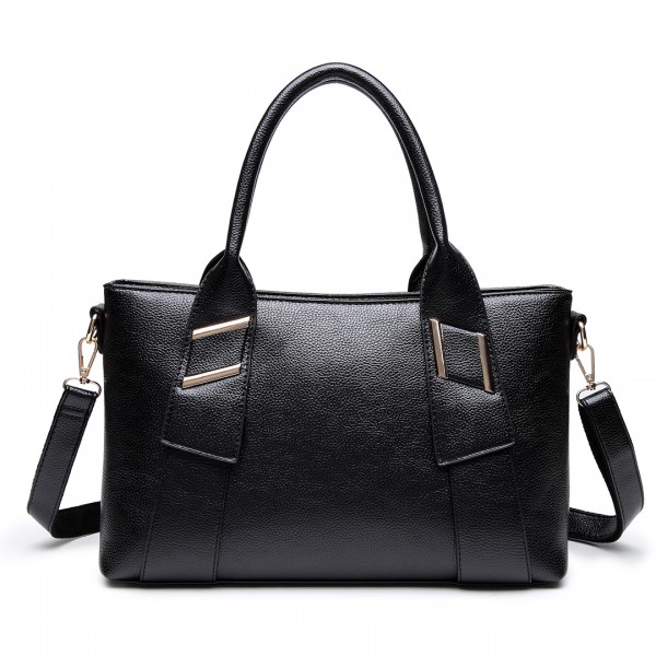 E6712 BK - PU Leather Tote Handbag & Satchel Set Black