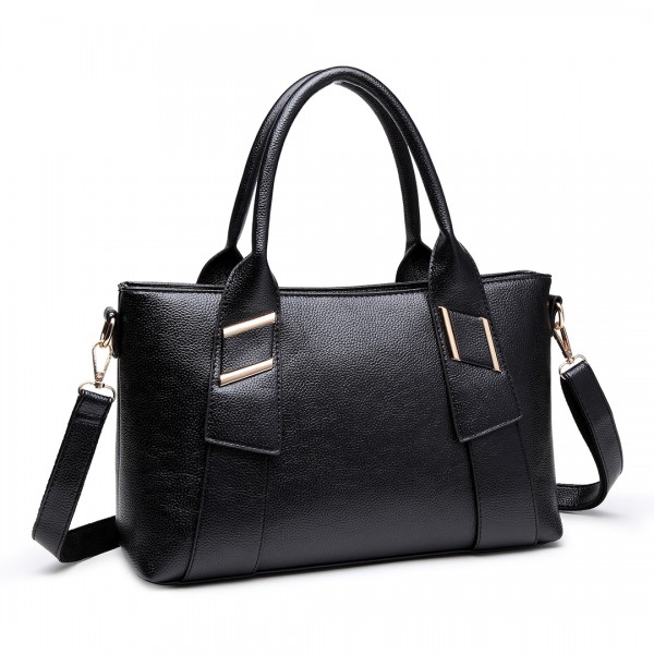 E6712 BK - PU Leather Tote Handbag & Satchel Set Black