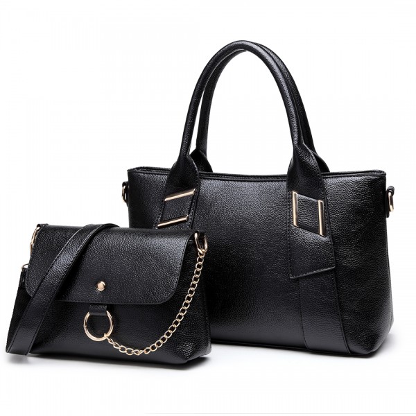 E6712 BK - PU Leather Tote Handbag & Satchel Set Black