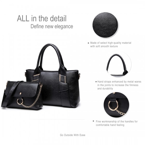 E6712 BK - PU Leather Tote Handbag & Satchel Set Black