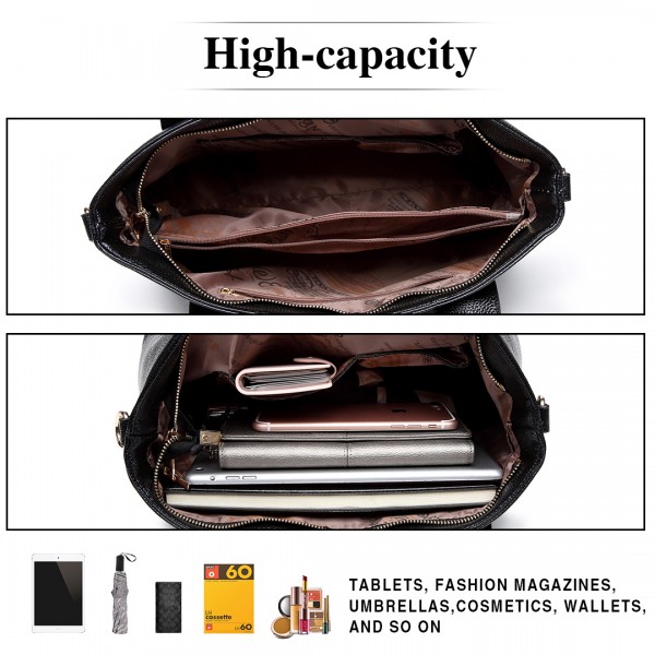 E6712 BK - PU Leather Tote Handbag & Satchel Set Black