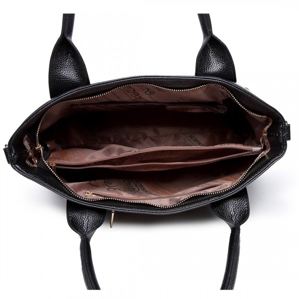 E6712 BK - PU Leather Tote Handbag & Satchel Set Black