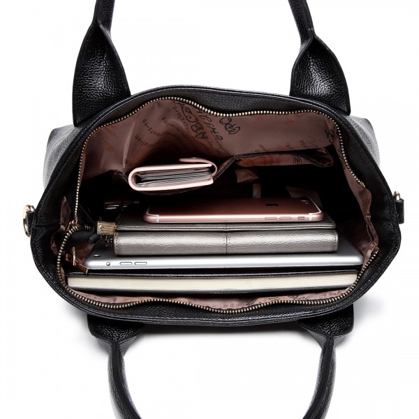 E6712 BK - PU Leather Tote Handbag & Satchel Set Black