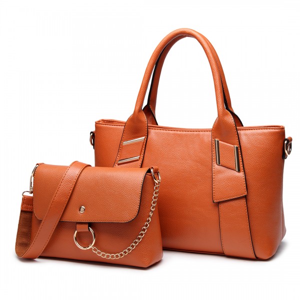 E6712 BN - PU Leather Tote Handbag & Satchel Set Brown E6712 BN - PU Leather Tote Handbag & Satchel Set Brown