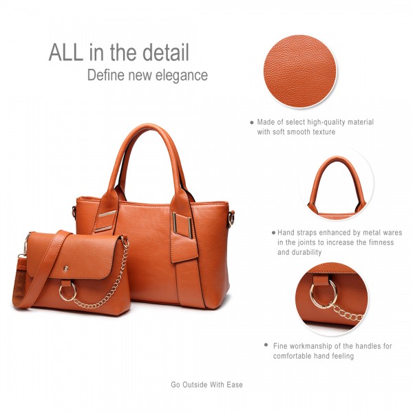 E6712 BN - PU Leather Tote Handbag & Satchel Set Brown E6712 BN - PU Leather Tote Handbag & Satchel Set Brown