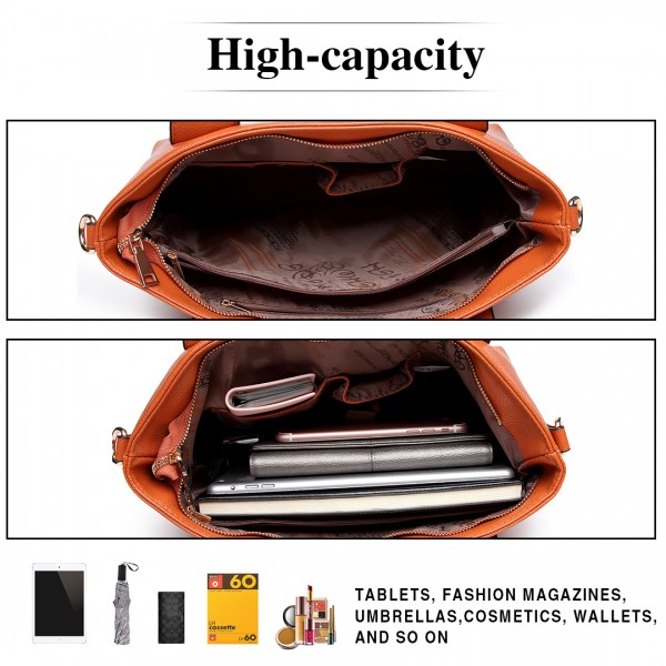 E6712 BN - PU Leather Tote Handbag & Satchel Set Brown E6712 BN - PU Leather Tote Handbag & Satchel Set Brown