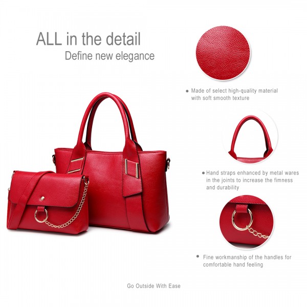 E6712 RD - PU Leather Tote Handbag & Satchel Set Red E6712 RD - PU Leather Tote Handbag & Satchel Set Red