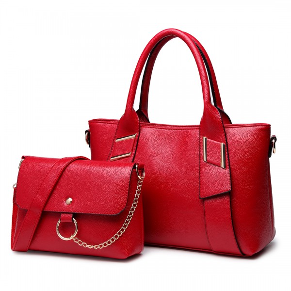 E6712 RD - PU Leather Tote Handbag & Satchel Set Red E6712 RD - PU Leather Tote Handbag & Satchel Set Red