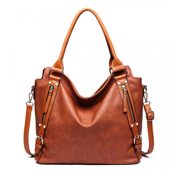 E6713 BN - Big Size Soft Leather Look Slouchy Hobo Shoulder Bag Brown