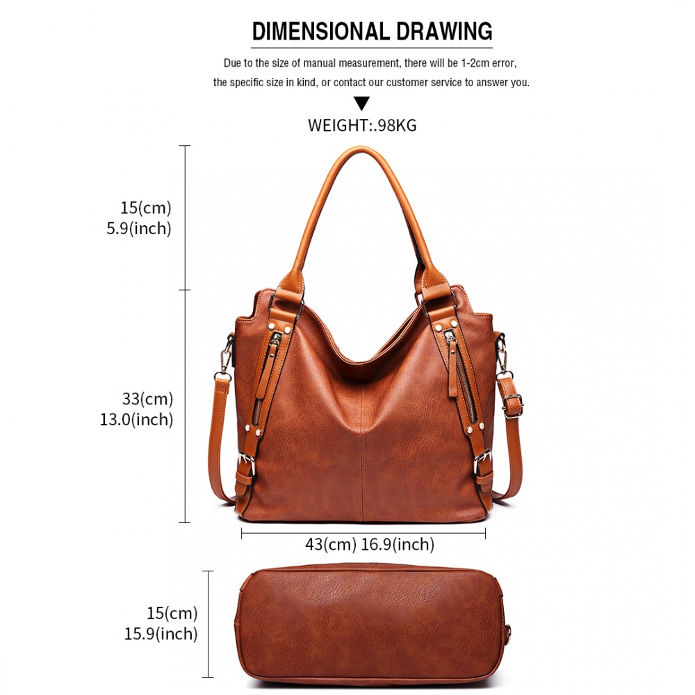 E6713 BN Big Size Soft Leather Look Slouchy Hobo Shoulder Bag Brown