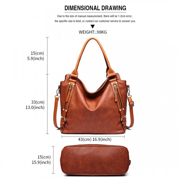 E6713 BN - Big Size Soft Leather Look Slouchy Hobo Shoulder Bag Brown