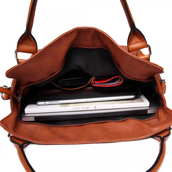 E6713 BN - Big Size Soft Leather Look Slouchy Hobo Shoulder Bag Brown