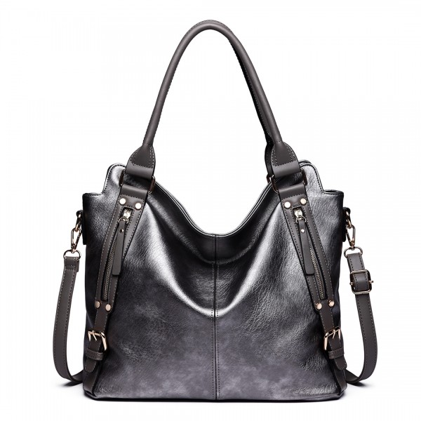 E6713 GY - Big Size Soft Leather Look Slouchy Hobo Shoulder Bag Grey