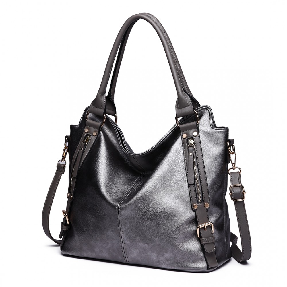 E6713 GY - Big Size Soft Leather Look Slouchy Hobo Shoulder Bag Grey