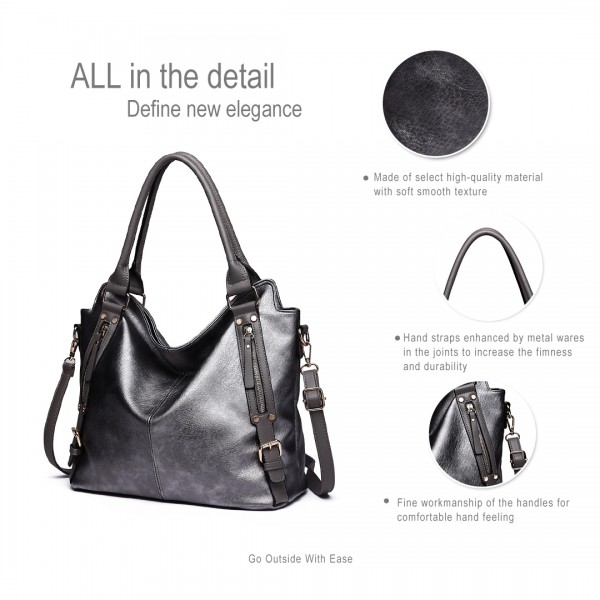 E6713 GY - Big Size Soft Leather Look Slouchy Hobo Shoulder Bag Grey