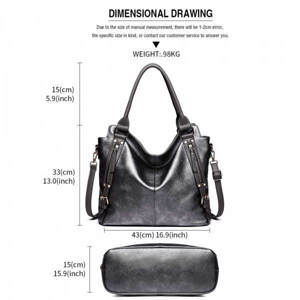 E6713 GY - Big Size Soft Leather Look Slouchy Hobo Shoulder Bag Grey