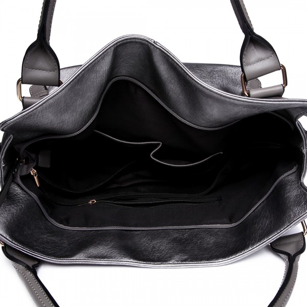 E6713 GY - Big Size Soft Leather Look Slouchy Hobo Shoulder Bag Grey
