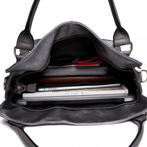 E6713 GY - Big Size Soft Leather Look Slouchy Hobo Shoulder Bag Grey