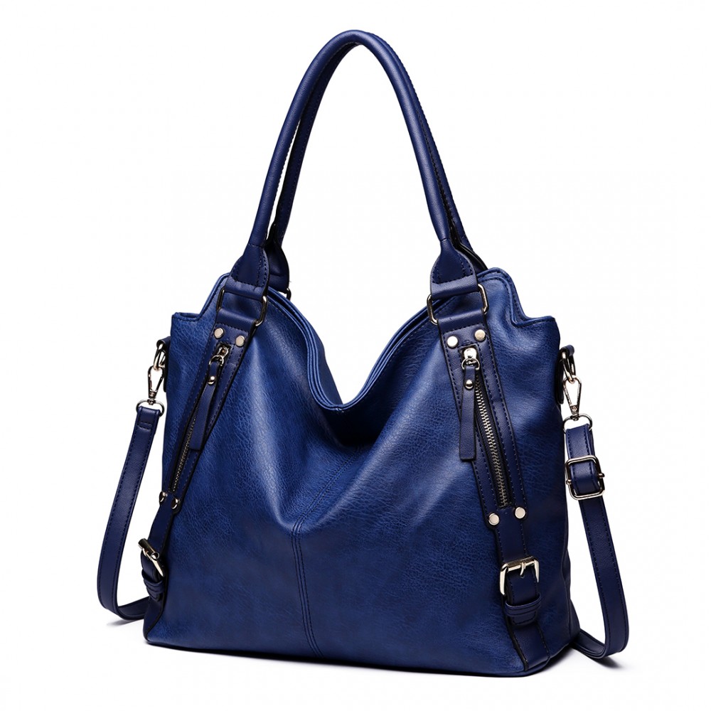 E6713 NY - Big Size Soft Leather Look Slouchy Hobo Shoulder Bag Navy