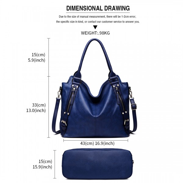 E6713 NY - Big Size Soft Leather Look Slouchy Hobo Shoulder Bag Navy