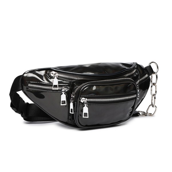 E6831-MISS LULU Patent Leather Zip Front WAISTBAG Bum Bag BLACK
