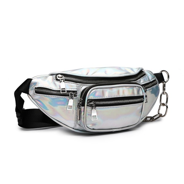 E6831-MISS LULU Patent Leather Zip Front WAISTBAG Bum Bag SILVER