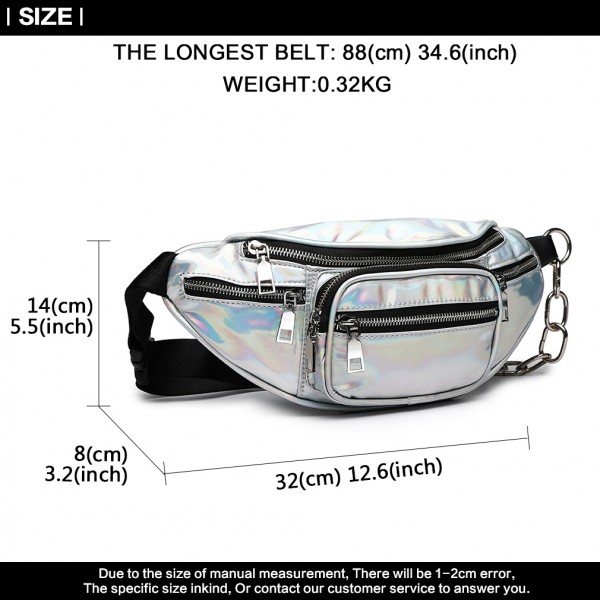 E6831-MISS LULU Patent Leather Zip Front WAISTBAG Bum Bag SILVER