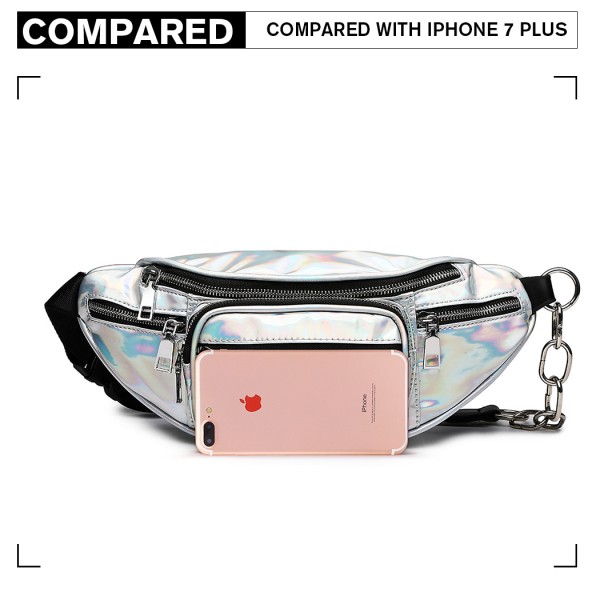 E6831-MISS LULU Patent Leather Zip Front WAISTBAG Bum Bag SILVER