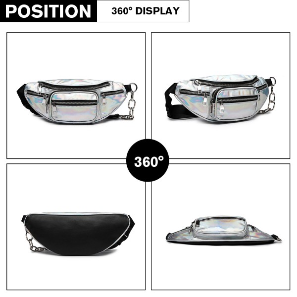 E6831-MISS LULU Patent Leather Zip Front WAISTBAG Bum Bag SILVER