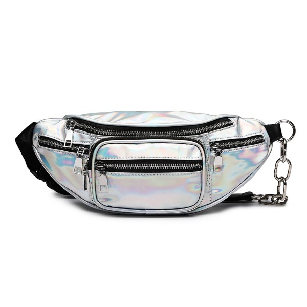E6831-MISS LULU Patent Leather Zip Front WAISTBAG Bum Bag SILVER