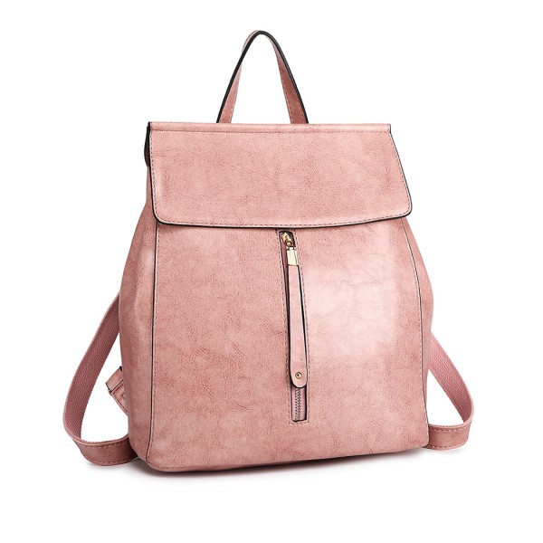 E6833 - MISS LULU Vintage Oil-Wax Faux Leather Backpack - Pink