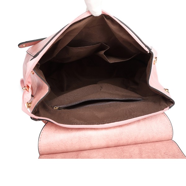 E6833 - MISS LULU Vintage Oil-Wax Faux Leather Backpack - Pink