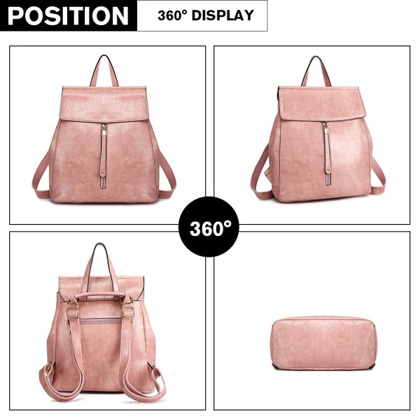 E6833 - MISS LULU Vintage Oil-Wax Faux Leather Backpack - Pink
