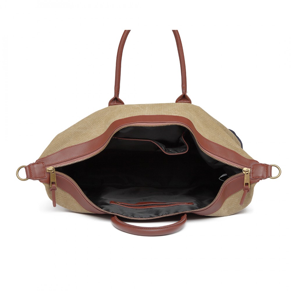 E6836KONO CANVAS DUAL ZIPPER TRAVEL BAG HANDBAG SHOULDER BAG KHAKI