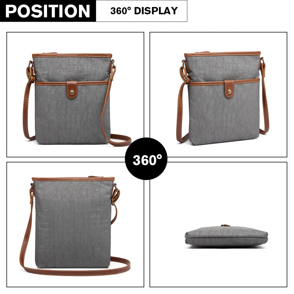 E6838 Miss Lulu Washed Nylon Pouch Cross Body Bag Grey